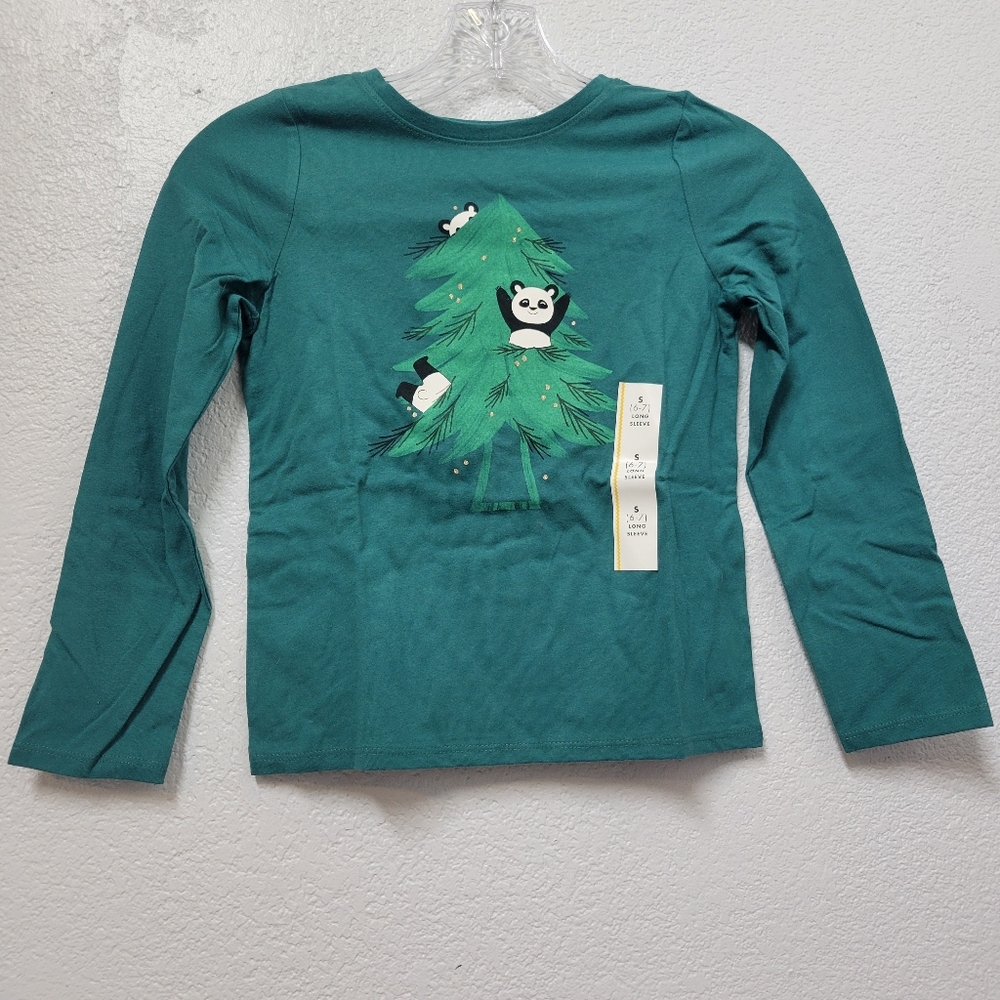 Cat & Jack Girls Teal Long Sleeve Shirt with Panda Design & Tree Small (6/7) Nwt